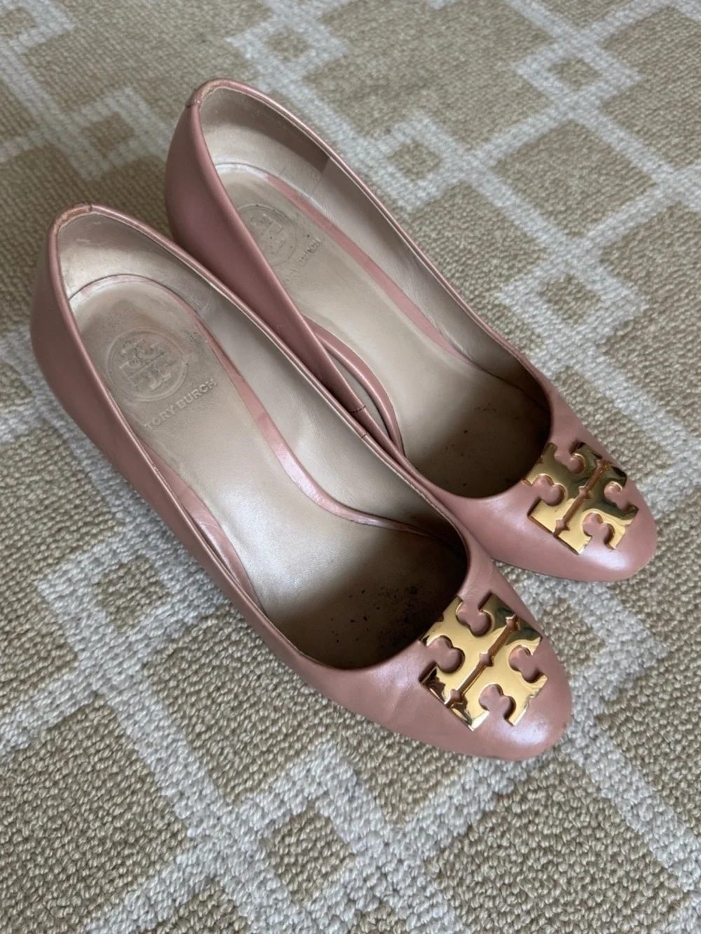 Tory Burch Raleigh Logo Pumps Blush Oak Block Heel Leather Size 5